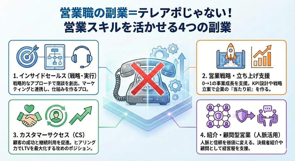 営業スキルを活かせる4つの副業を表した図